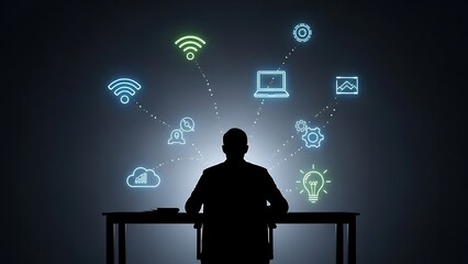 Silhouette man at desk with technology icons above.