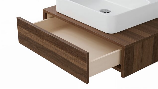 Modern wooden bathroom vanity with open drawer and ceramic sink isolated on white background