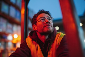 A man in reflective safety gear gazes upward, illuminated by warm lighting in an evening warehouse setting.