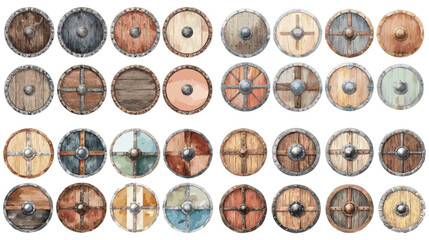 Illustrated Viking wooden shields with metal accents, rustic textures, and historic craftsmanship ideal for medieval themes, historical design, and fantasy artwork.