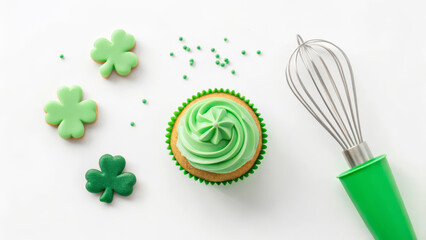 Green cupcake with shamrock decorations and whisk on white background for festive celebration
