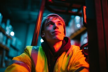 Fototapeta premium Portrait of a young warehouse worker wearing a reflective jacket, illuminated by vivid red and blue lights in a storage setting.