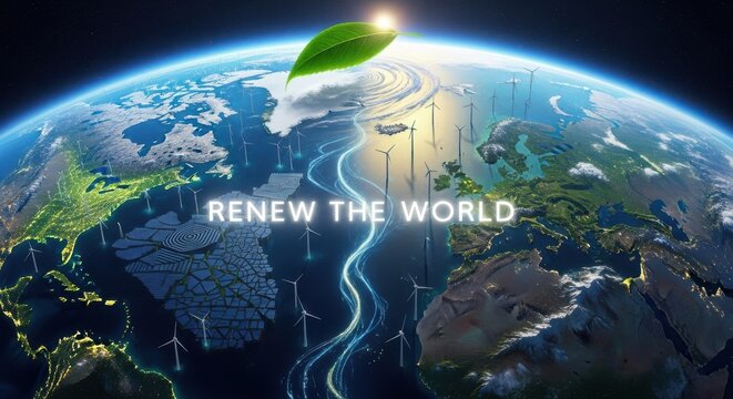 Global renewable energy concept with wind turbines on planet earth