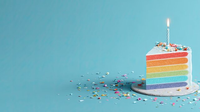 Single slice of layered rainbow cake with burning candle sits upon a surface scattered with colorful sprinkles