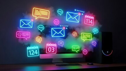 Neon communication cloud above desktop computer concept.