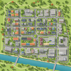 Fototapeta premium An illustrated aerial view of a small town, featuring houses, businesses, and green spaces, showcasing urban planning and community design.