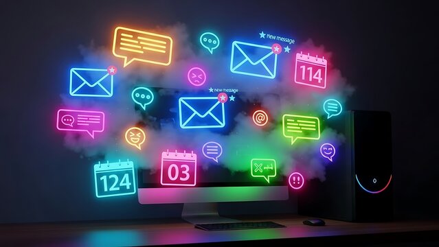 Neon communication cloud above desktop computer concept.