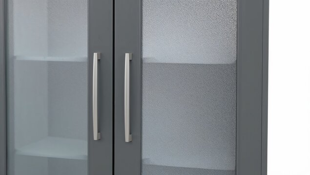 Modern frosted glass cabinet doors with metal handles in minimalist grey design for contemporary interiors