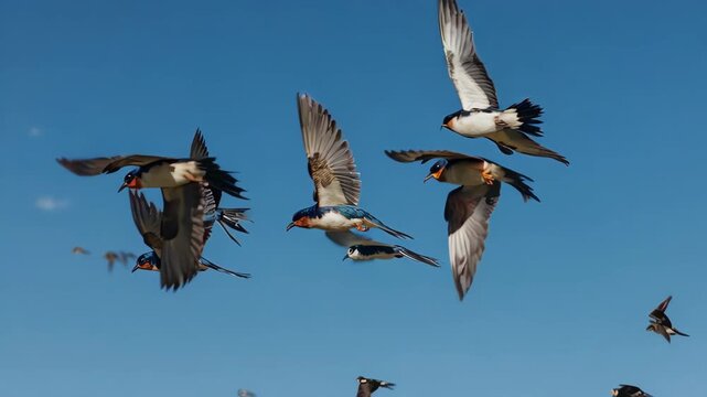 Graceful Swallows Soaring Through Blue Sky, Freedom and Flight
