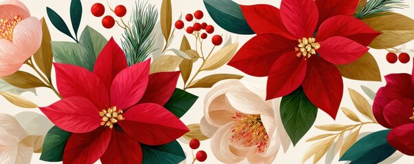 Vibrant poinsettia floral pattern with red blooms and gold leaves for festive decorations