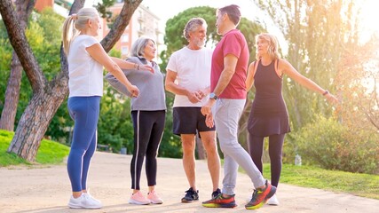 Group of senior friends exercising and stretching together in the park