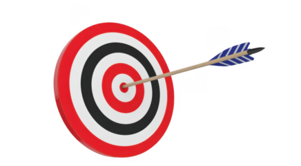 Red white and black circular target with an arrow hitting the bullseye isolated on a transparent background