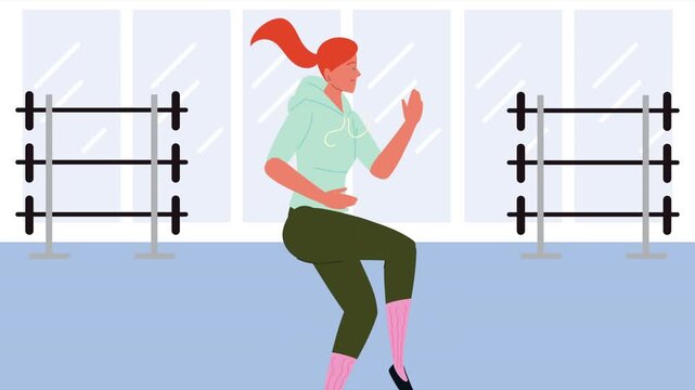 Woman in green sweatsuit doing leg raises at a gym with weight racks and large windows. Flat graphic animated cartoon