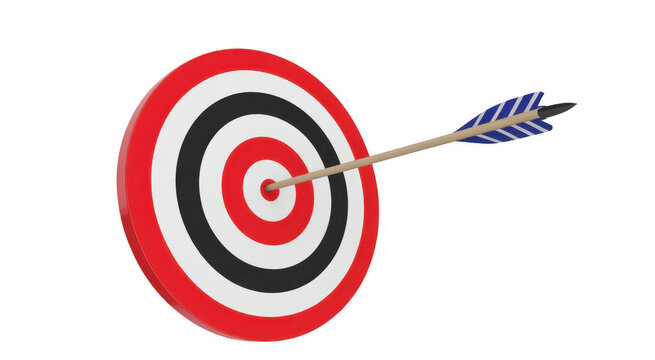 Red white and black circular target with an arrow hitting the bullseye isolated on a transparent background