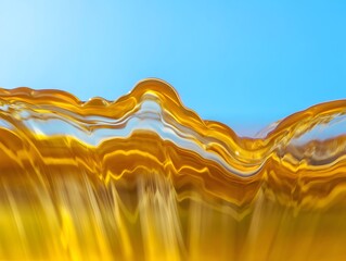 Golden liquid wave against a bright blue background creating a mesmerizing effect of light and movement