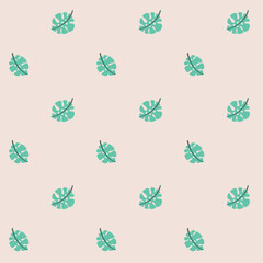 Seamless floral pattern of small green monstera leaves. Simple minimalist print, cute retro motif botanical design of tiny hand drawn tropical foliage on a white background. Vector illustration.