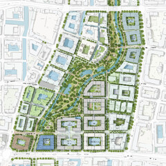 An aerial view showcases a detailed urban planning map featuring buildings, green spaces, and waterways, visualizing city development.