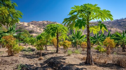 Vibrant Papaya Trees and Banana Plants Growing Under Bright Blue Sky in Rural Landscape