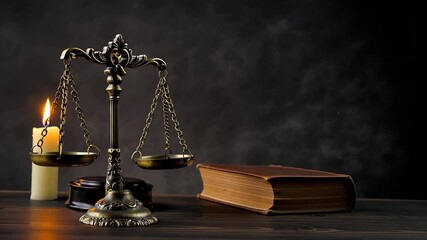 Golden justice scale, candle and books in dark setting. Ideal for Human Rights Day, justice concepts, or legal-themed visuals