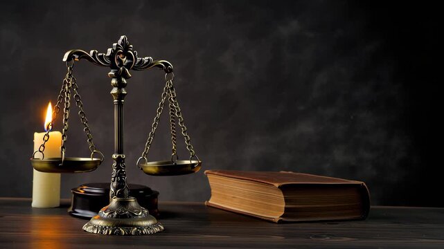 Golden justice scale, candle and books in dark setting. Ideal for Human Rights Day, justice concepts, or legal-themed visuals