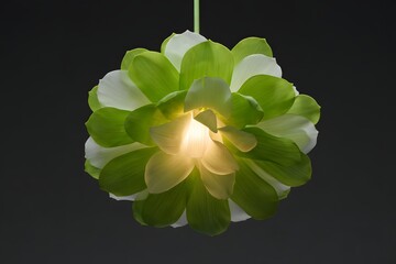 Illuminated floral pendant light fixture with green and white petals design element
