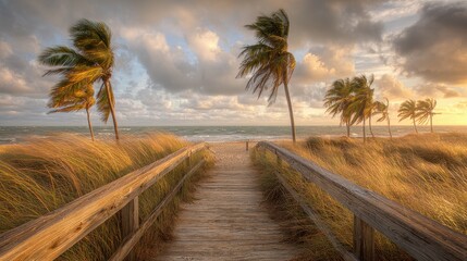 Wooden Boardwalk Leading To Ocean With Swaying Palm Trees and Dramatic Cloudy Sky at Sunset
