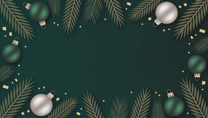 Festive Winter Frame: Evergreen Branches, Ornaments, Confetti on Deep Green