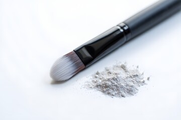 Makeup brush with gray eyeshadow on white surface for cosmetic application tool use