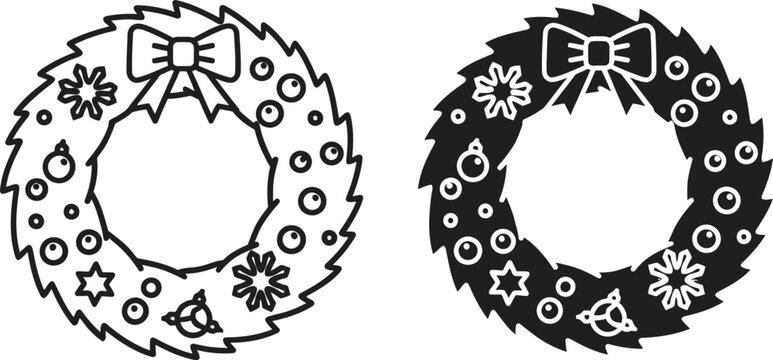 Two christmas wreaths with bow and floral details on — Outline, silhouette, and on transparent background. EPS 10.