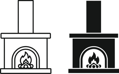 Two fireplace designs one and one solid on — Outline, silhouette, and on transparent background. EPS 10.