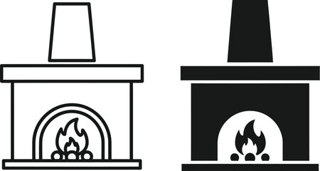 Two fireplace icons with burning flames simple design on — Outline, silhouette, and on transparent background. EPS 10.