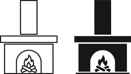 Two fireplace icons in line art and solid styles on — Outline, silhouette, and on transparent background. EPS 10.
