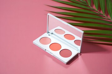 Makeup palette on pink background with palm leaf for beauty and cosmetics product shot
