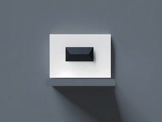 Minimalist black object on white square against gray wall with soft shadow casting below