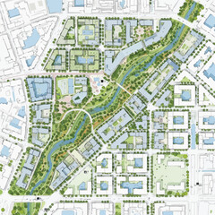Aerial view of a detailed urban plan showcases a river, parks, and buildings, representing modern city planning and sustainable design.