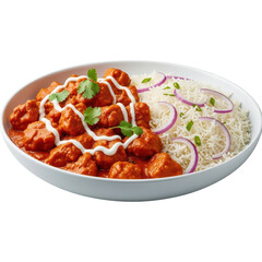 Delicious chicken tikka masala served with basmati rice isolated on transparent background