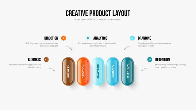 Enterprise Insight Presentation Layout Vector Illustration. Professional Introduction 5 Option Diagram Frame Design. Market Strategy Five Step Infographic Slideshow Template.