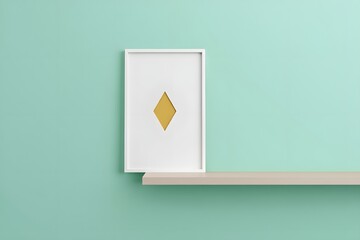 Minimalist white frame with golden diamond shape on a light green wall and shelf decor