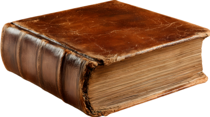 Close up shot of a thick antique book with a brown leather cover and aged pages on a dark background