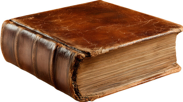Close up shot of a thick antique book with a brown leather cover and aged pages on a dark background