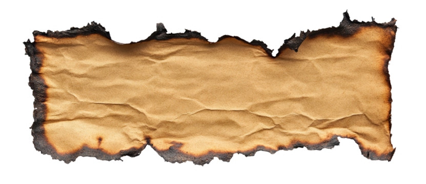 Torn strip of burnt brown paper with rough charred edges, isolated on transparent cutout background
