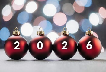 Festive red ornaments displaying 2026 with bokeh lights in background