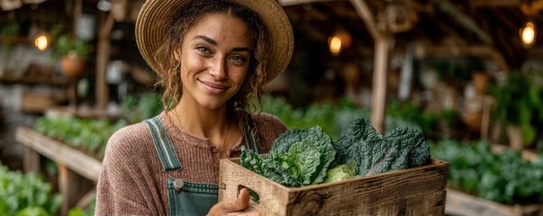Young woman farmer with hat holds crate of fresh greens at outdoor market