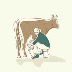 female farmer milking a cow retro vector illustration. female farmer milking a cow vintage vector graphic design