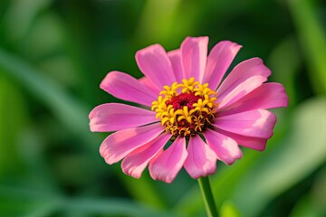 Obraz premium A vibrant pink flower with a yellow center, surrounded by green leaves and stems.