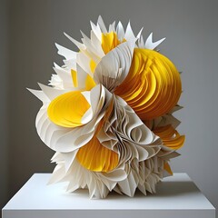 Paper sculpture with yellow accents on display showcasing artistic craftsmanship and design