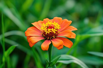 A vibrant orange flower with yellow and red centers, surrounded by green leaves and stems, set against a blurred background of green foliage.