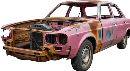 Rusted pink sedan car chassis with exposed engine and missing parts isolated on a transparent background