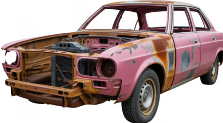 Rusted pink sedan car chassis with exposed engine and missing parts isolated on a transparent background