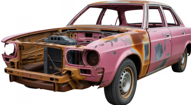 Rusted pink sedan car chassis with exposed engine and missing parts isolated on a transparent background - Powered by Adobe